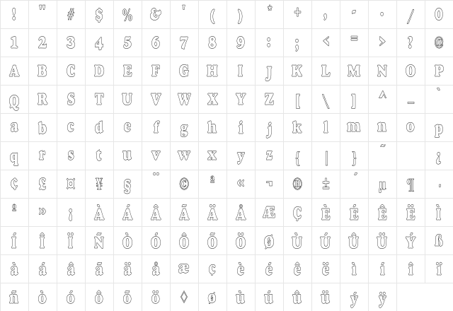 Alexuss Heavy Hollow Condensed Regular Character Map