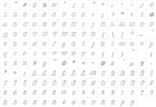 Alfredo Heavy Hollow Italic Character Map