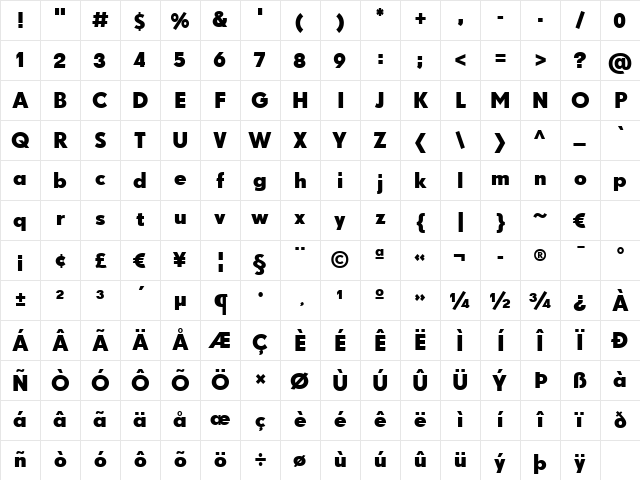 Drescher Grotesk BT Bold Regular Character Map