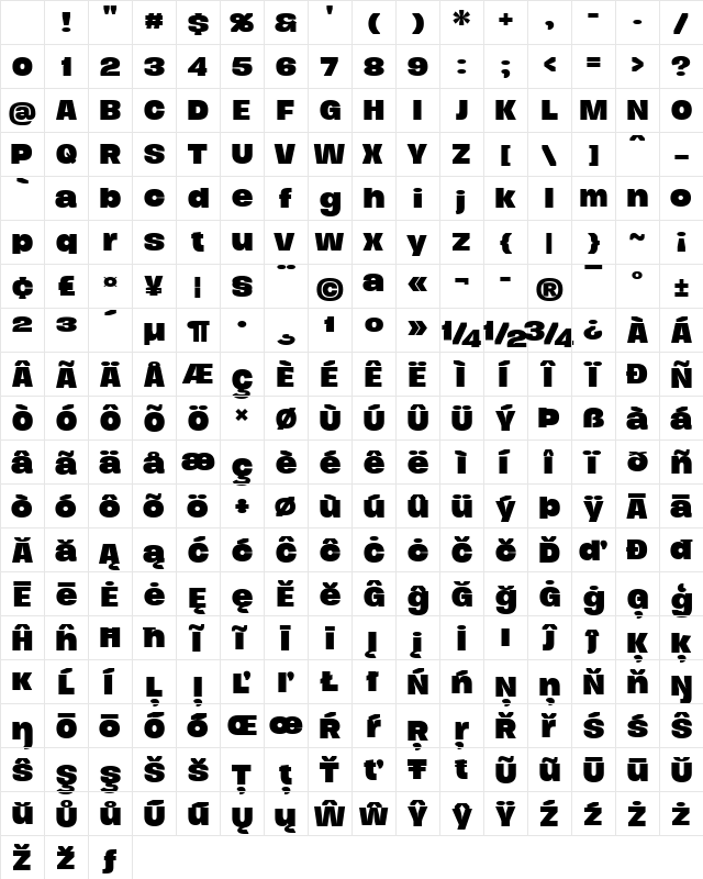 Duera PERSONAL USE Expanded Bold Character Map Duera PERSONAL USE Expanded Bold Character Map