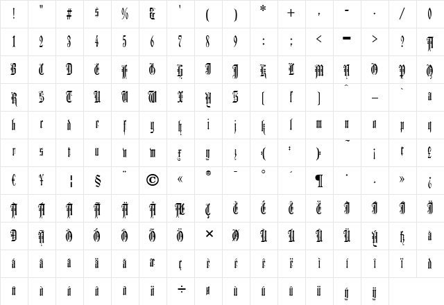 DuererGotisch Regular Character Map DuererGotisch Regular Character Map