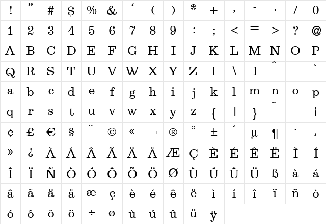 E710-Roman Regular Character Map