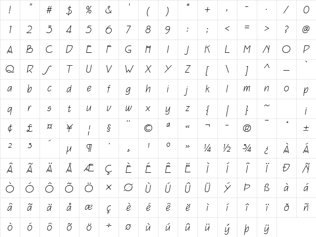 Eaglefeather Light Italic Character Map