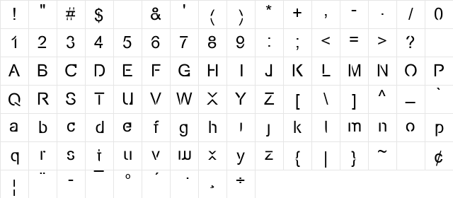 Arial Regular Character Map