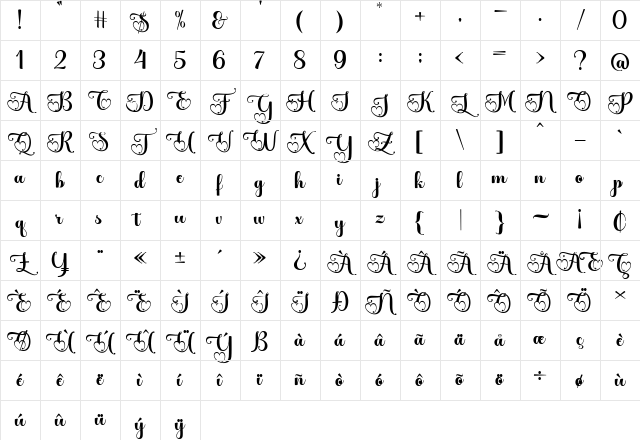Alista Script Regular Character Map