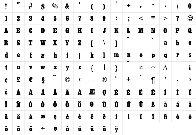 EgyptianCond Regular Character Map EgyptianCond Regular Character Map