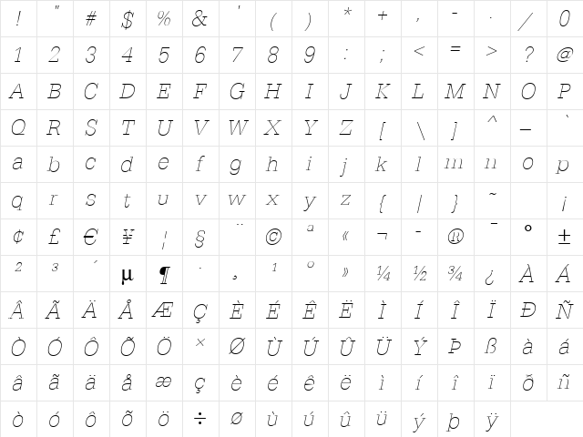 EgyptienneStd-Xlight Italic Character Map