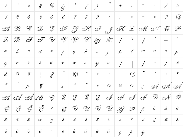 Allegretto Script One Regular Character Map