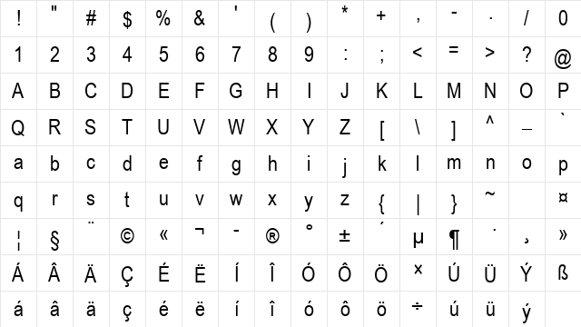 Arial Narrow CE Regular Character Map
