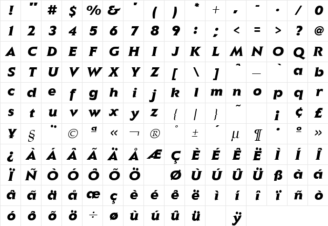 Elan Black Italic Character Map
