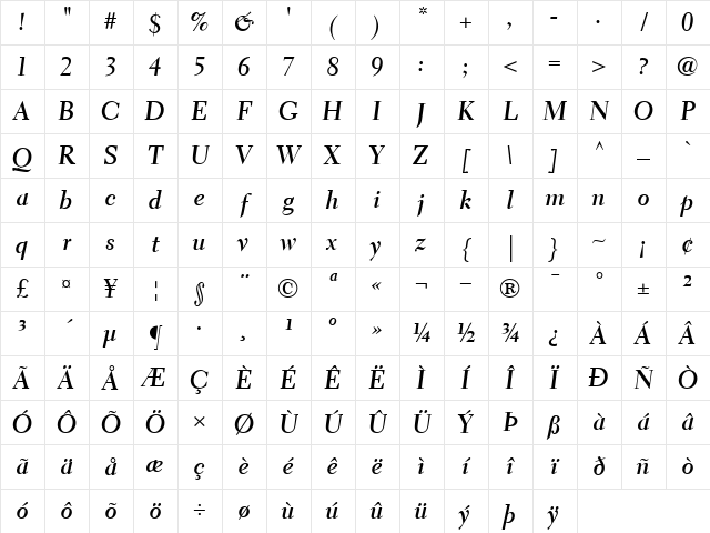 ElectraLHCursiveDisplay BoldItalic Character Map