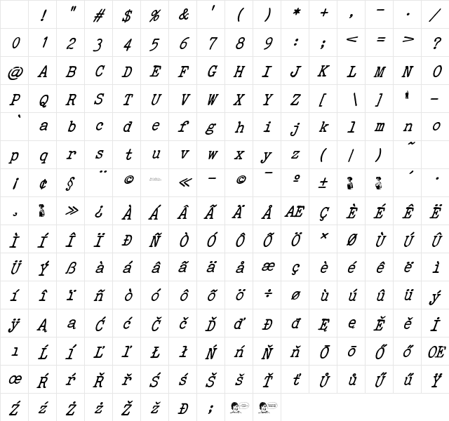 ELEGANT TYPEWRITER Cursiva Character Map