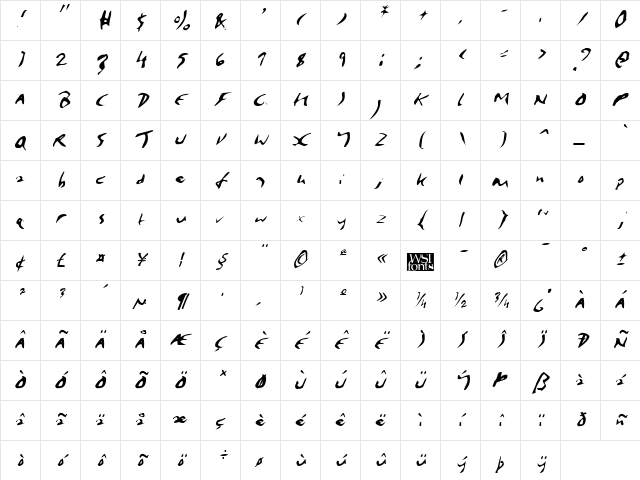 Elmore kursiv Character Map