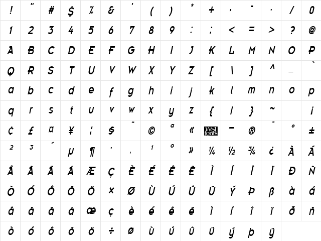 EmblemCondensed kursiv Character Map