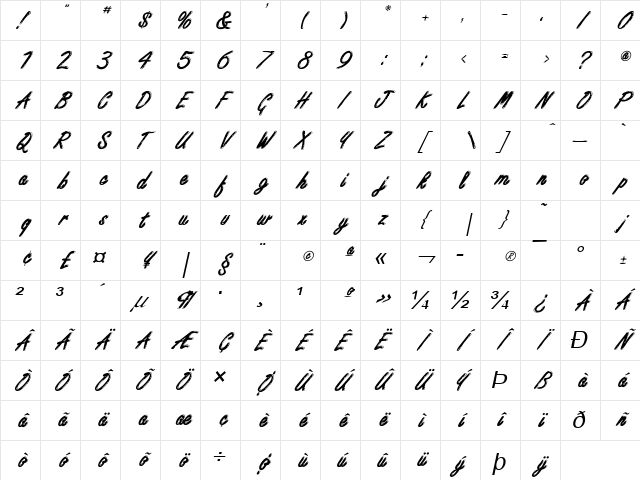 Encino Italic Character Map