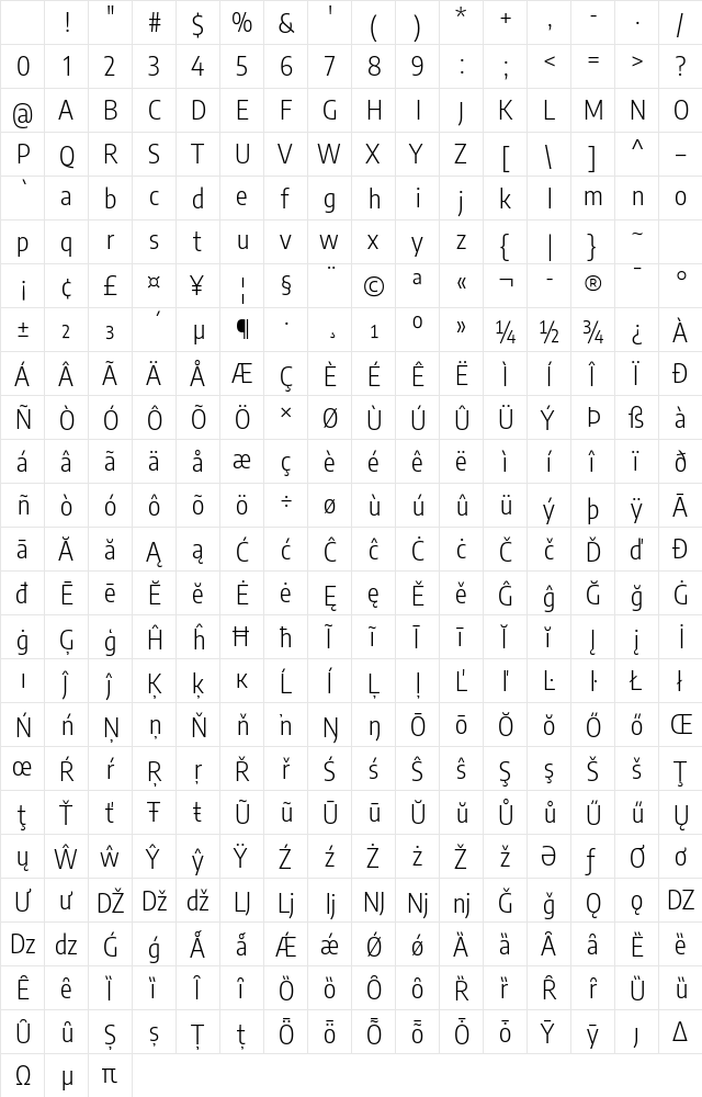 Encode Sans Condensed Light Character Map