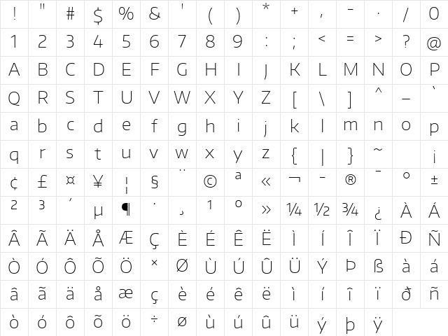 Encode Sans Wide Thin Character Map