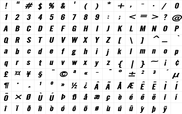 Eng Gothic Extended BoldItalic Character Map