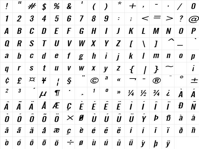 Eng Gothic Extended Italic Character Map