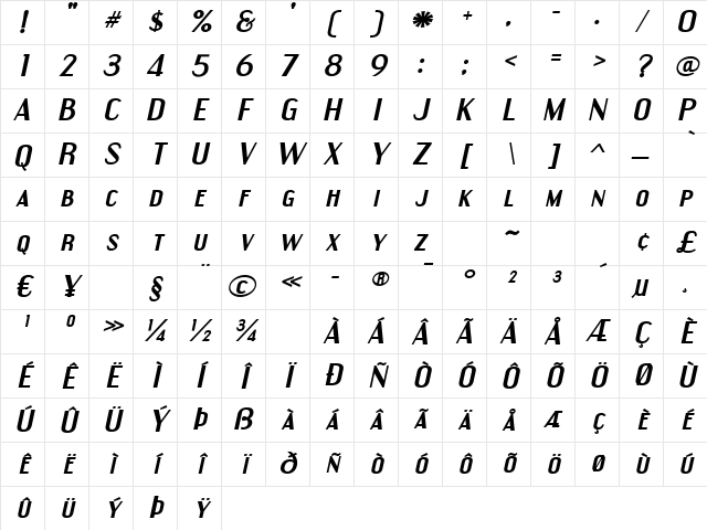 Engebrechtre Expanded Bold Italic Character Map