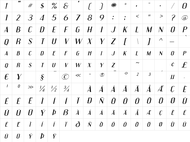 Engebrechtre Expanded Italic Character Map