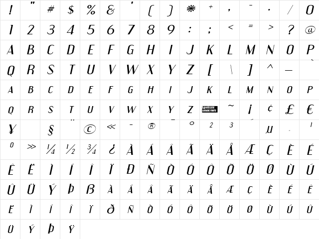 Engebrechtre Expanded Italic Character Map