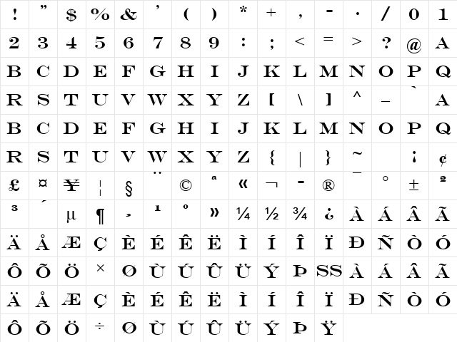 Engravers MT Regular Character Map