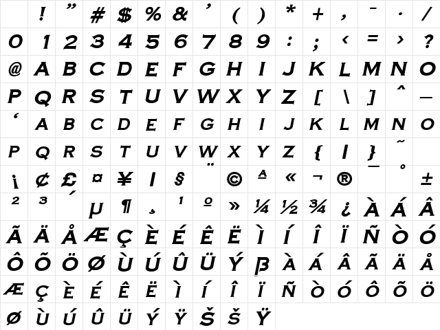 EngraveCond Bold-Italic Character Map EngraveCond Bold-Italic Character Map