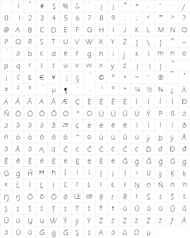 Ennis-Light Regular Character Map Ennis-Light Regular Character Map