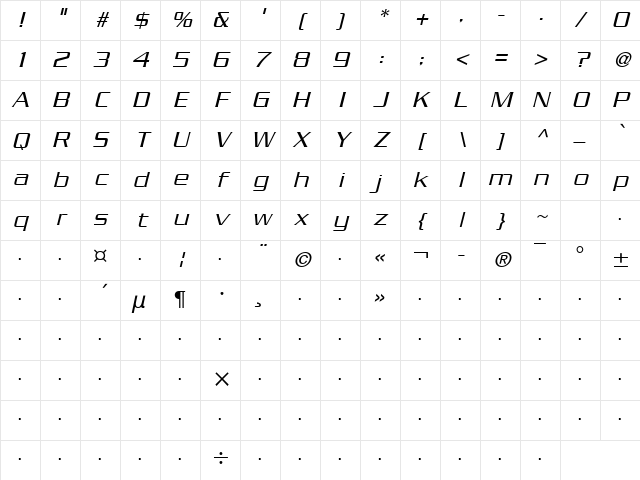 Enterprise Italic Character Map