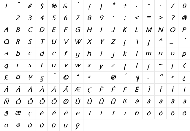 Eras Bold Italic Character Map