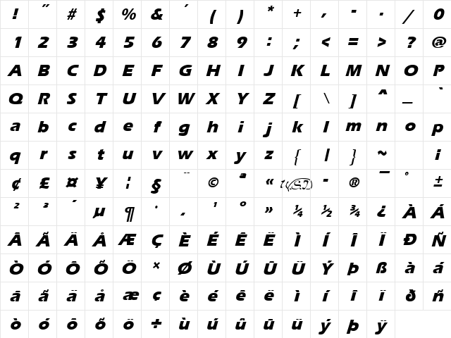 Ergoe-Mild Extrabold Italic Character Map