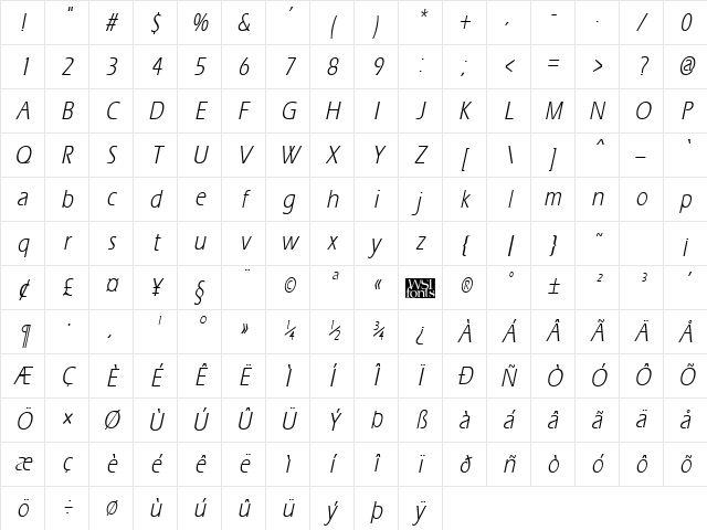 ErgoeCondensed Italic Character Map
