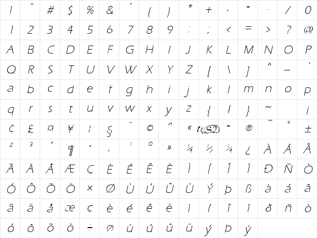 ErgoeLight Italic Character Map