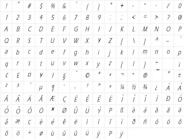 Eric Thin Italic Character Map Eric Thin Italic Character Map