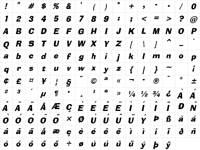 Alor Italic Character Map