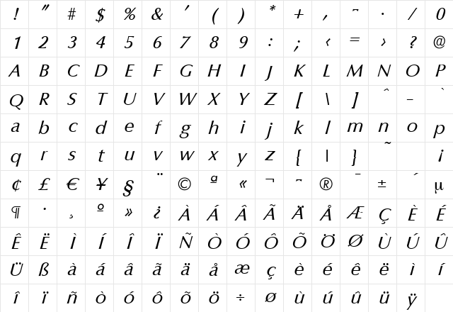 EricBecker Italic Character Map