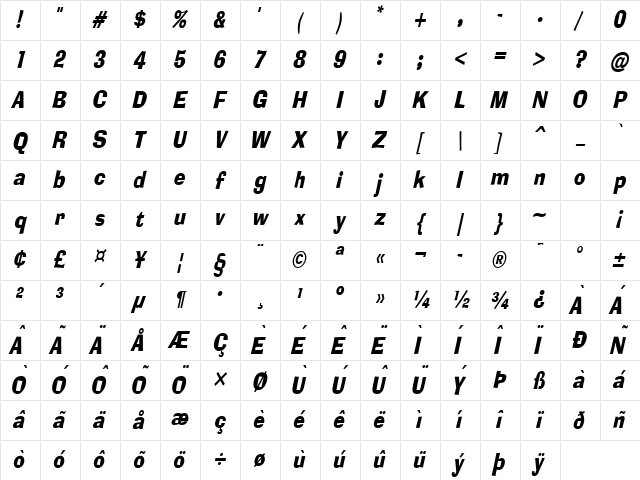 Alor Narrow Condensed BoldItalic Character Map