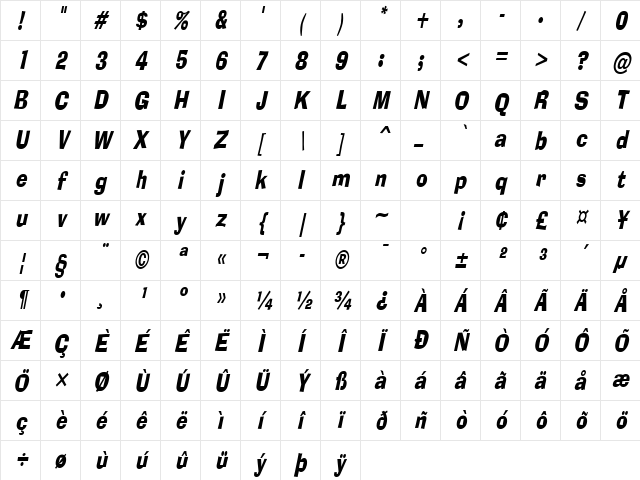 Alor-Condensed Italic Character Map