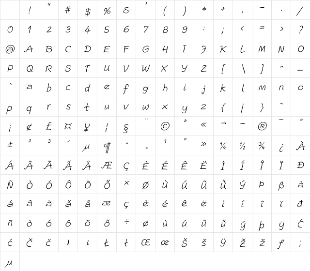 Escript LT Light Italic Character Map Escript LT Light Italic Character Map