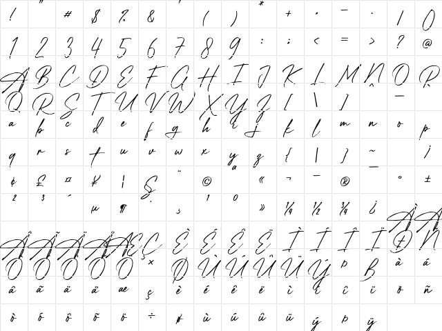 Alpha Brights Regular Character Map