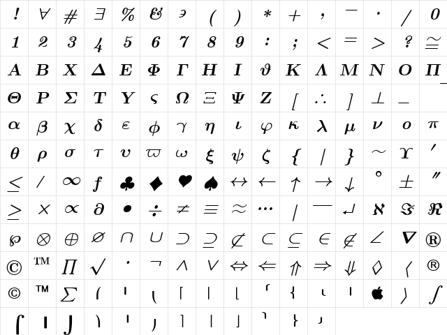 Euclid Symbol Bold Italic Character Map