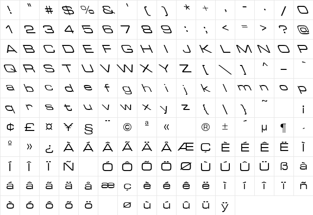 Eurostile Extended-Roman-Lefty Regular Character Map