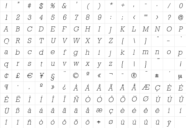 EugeneBecker-ExtraLight Italic Character Map EugeneBecker-ExtraLight Italic Character Map