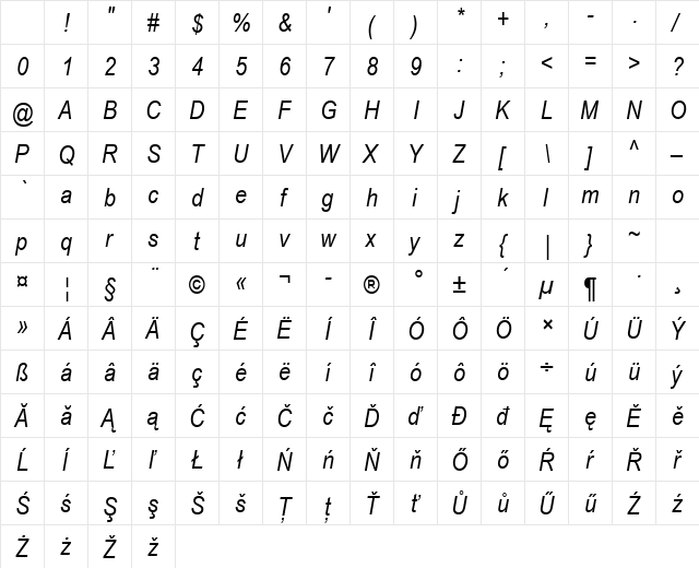 Arial Narrow CE Italic Character Map