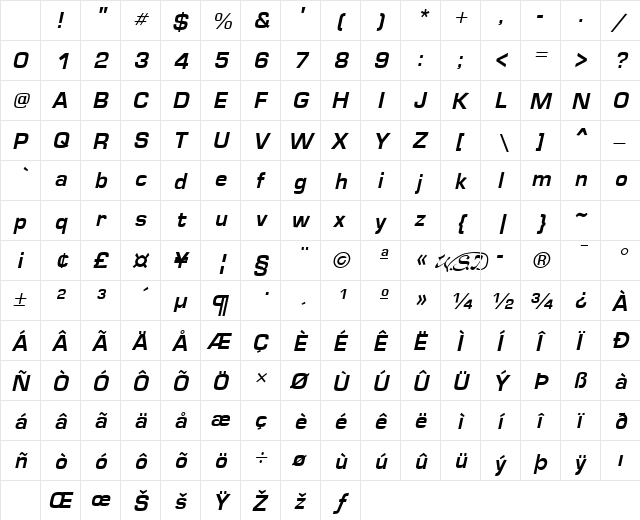 Eurose Italic Character Map Eurose Italic Character Map