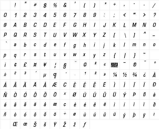 EuroseCond Italic Character Map EuroseCond Italic Character Map