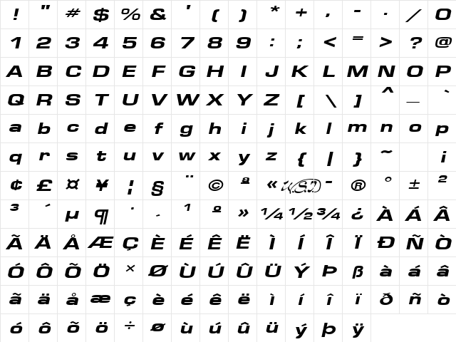 EuroseWide Heavy Italic Character Map EuroseWide Heavy Italic Character Map