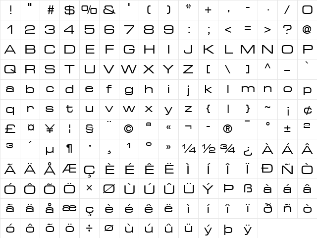 Eurostile Extended #2 Regular Character Map