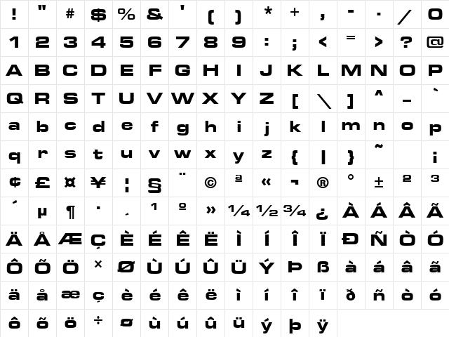 Eurostile Extended Bold Character Map